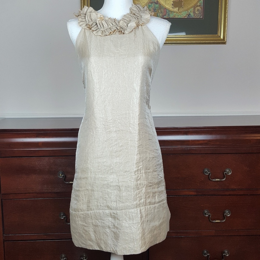 London Times Gold Shimmer Ruffle Neck Dress 10
